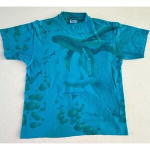 Vintage 90s Allover Ocean Whale Tee Hanes‎ Beefy T Single Stitch Blue Size L USA